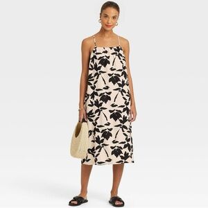 A New Day| Black & Ivory Linen Blend Midi Loose-Fit Floral Sundress Sz S